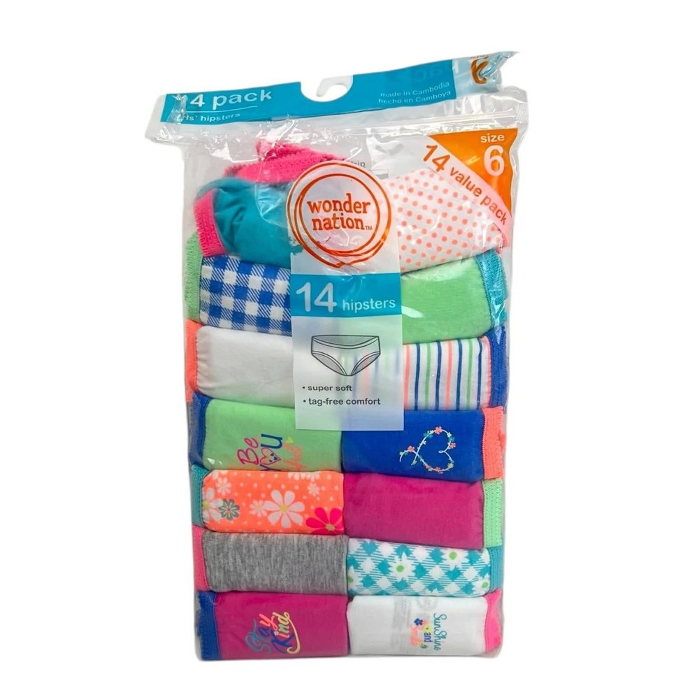 Wonder Nation Girls 14 Pack Hipsters Underwear‎ Size 6 Cotton Colorful Prints